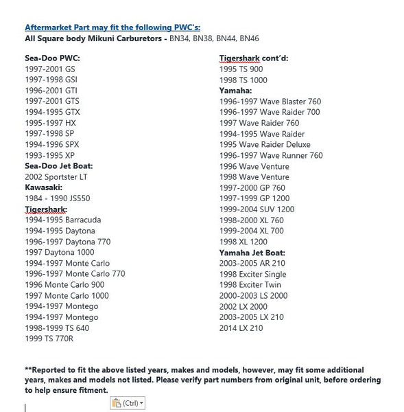 Seadoo Carburetor Rebuild Kit with Base Gasket 290850373 717 Gs GSI GT